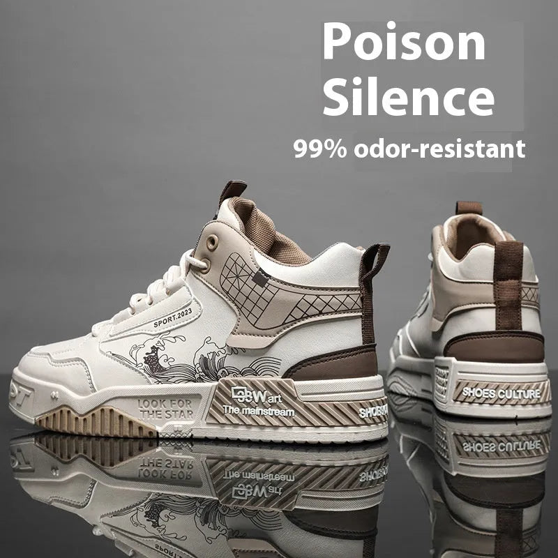 Men's beige high-top board sneakers with lace-up front and rubber sole.