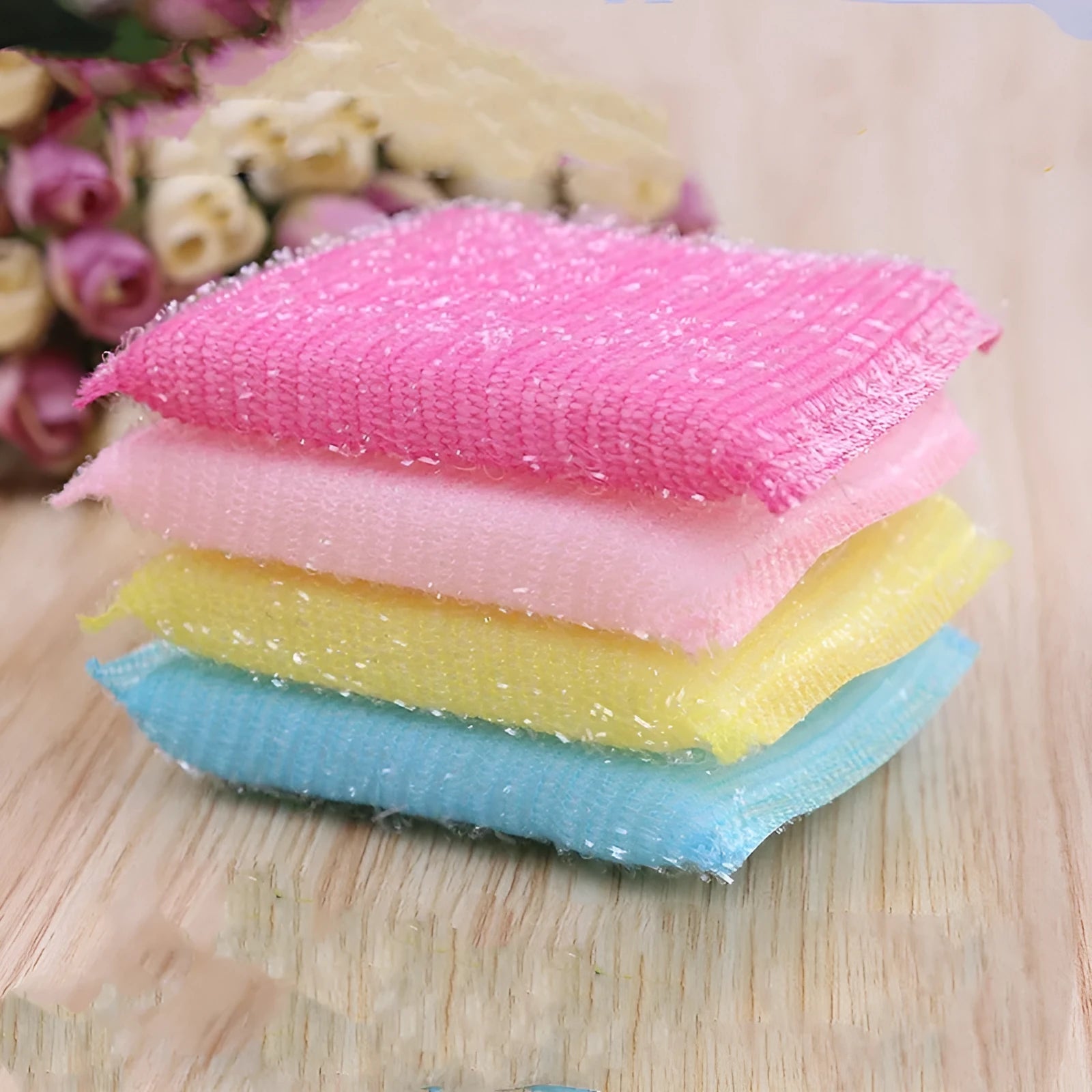 Pinstripe fabric dishwashing sponge mop in macaron colours for wet and dry cleaning.