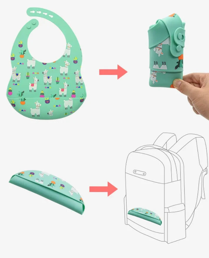 Silicone baby eating bib with adjustable neck and deep catch pocket on a child