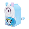 Cartoon animal pencil sharpener in blue, green, pink and purple colours showing 88x43x88mm dimensions