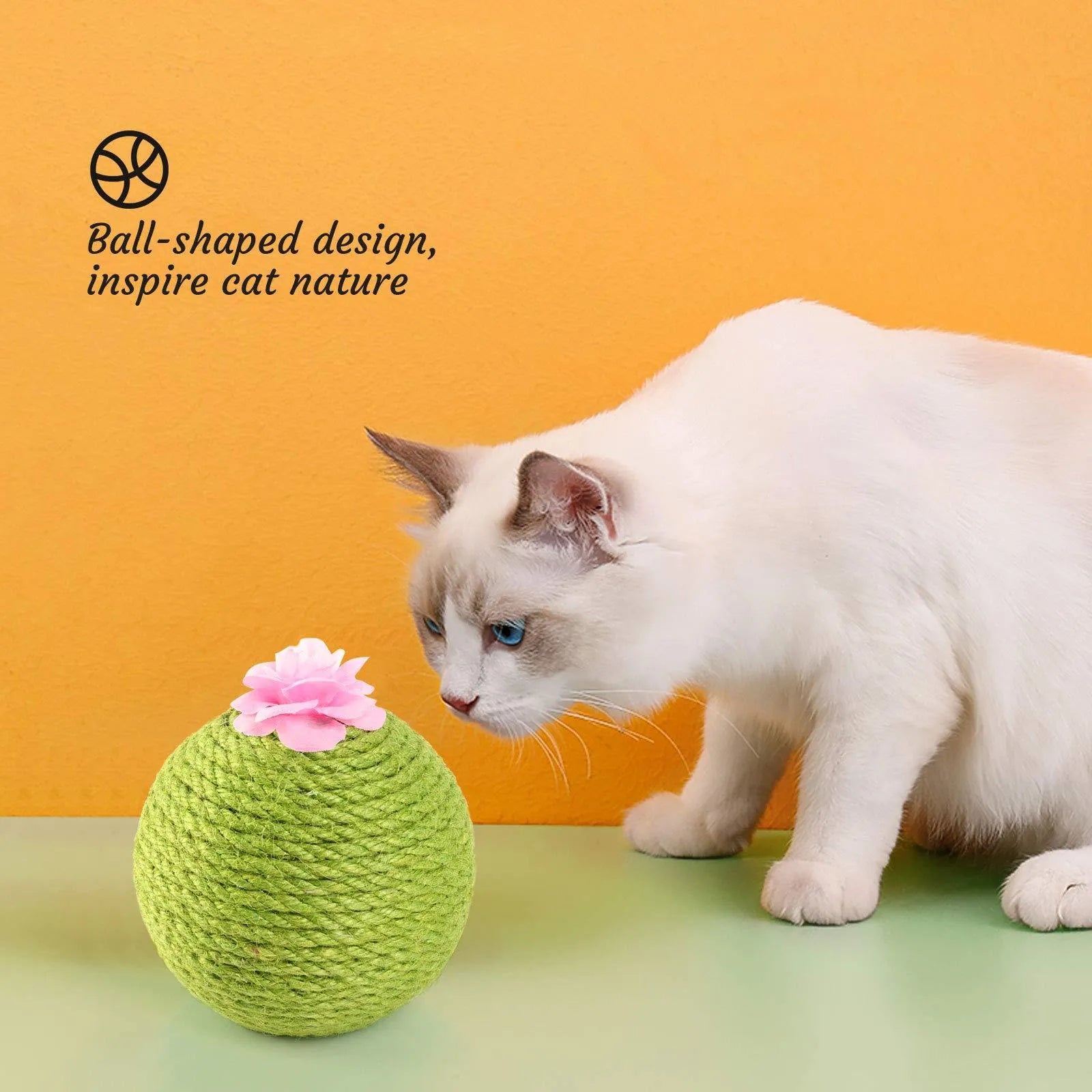 Green interactive cat toy with sisal scratcher and tumbler ball on tree tower base for indoor play