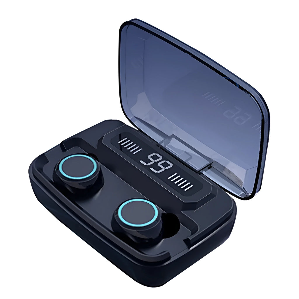 Black M11 style Bluetooth wireless headset with digital display and charging case