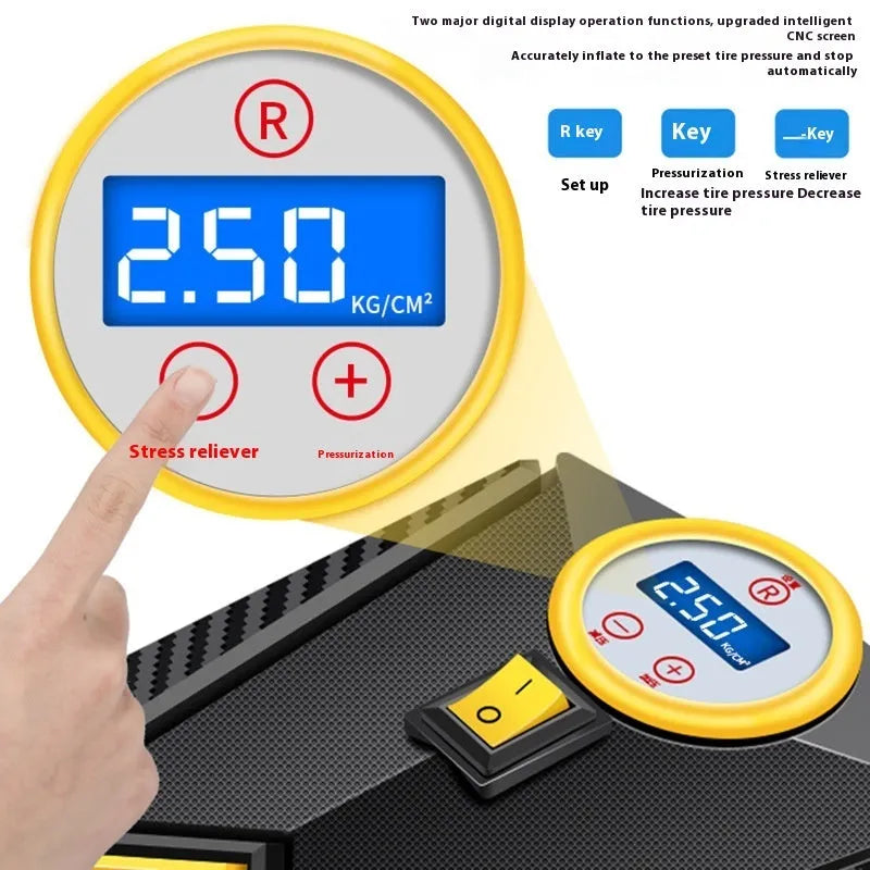 12V car inflator pump with wired pointer gauge, three nozzles, and fuse