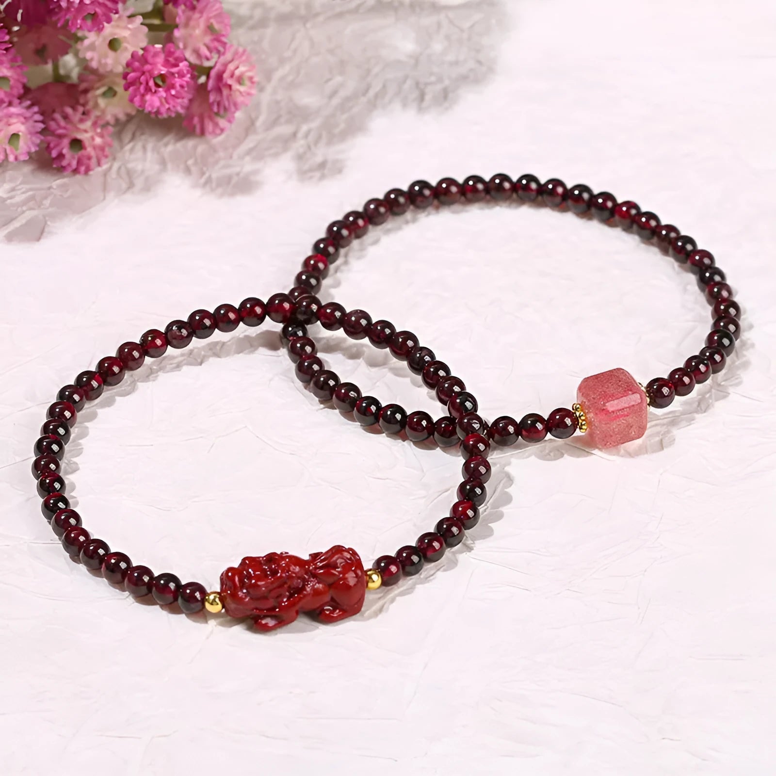 Natural garnet purple sand pixiu and strawberry quartz square women's bracelet geometric design