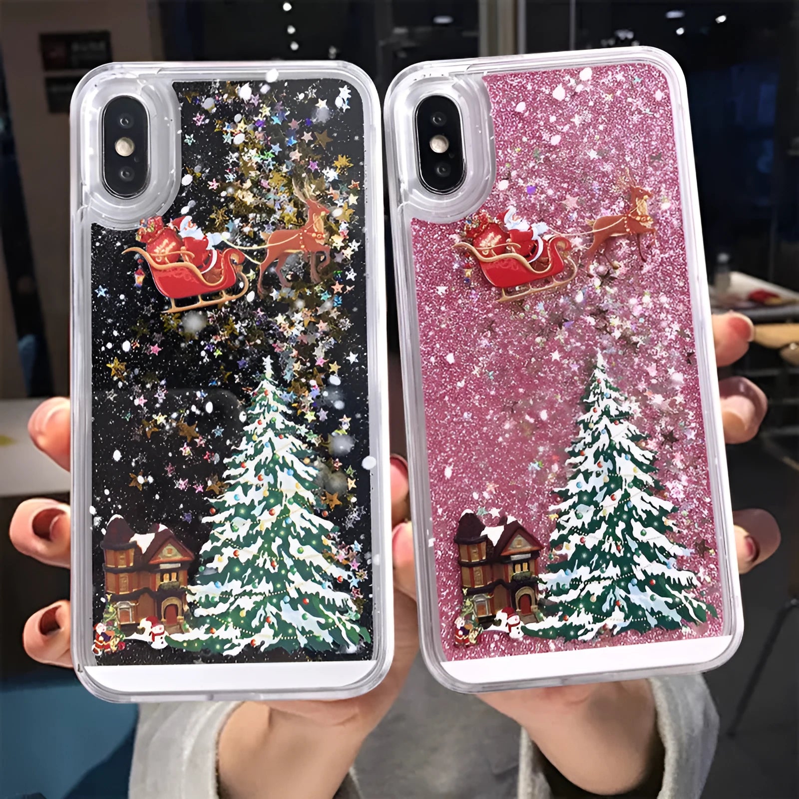 Transparent quicksand effect phone case with Santa Claus and Christmas tree design for iPhone and Samsung