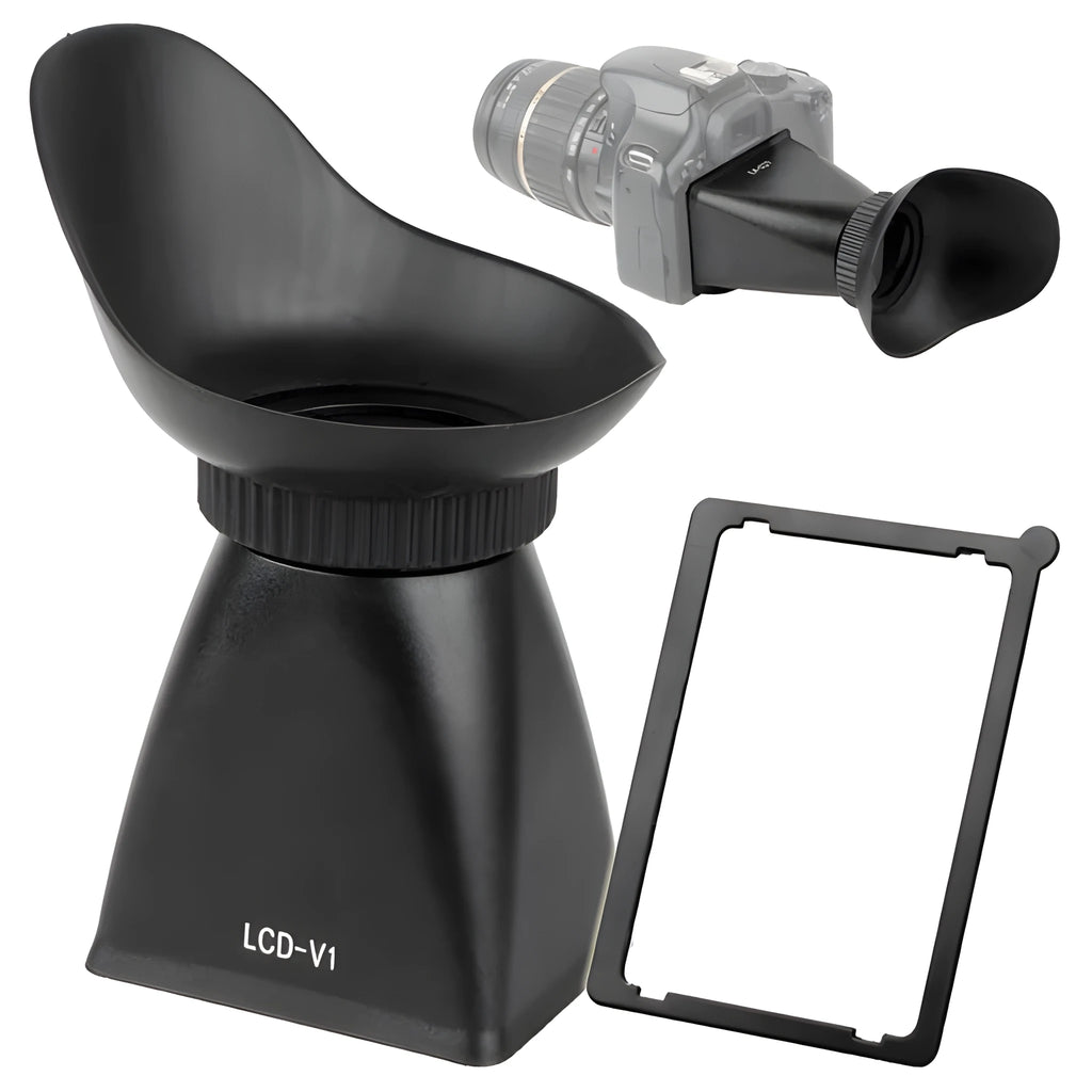 Black camera framing amplifier viewfinder magnifier attached to a DSLR LCD screen.