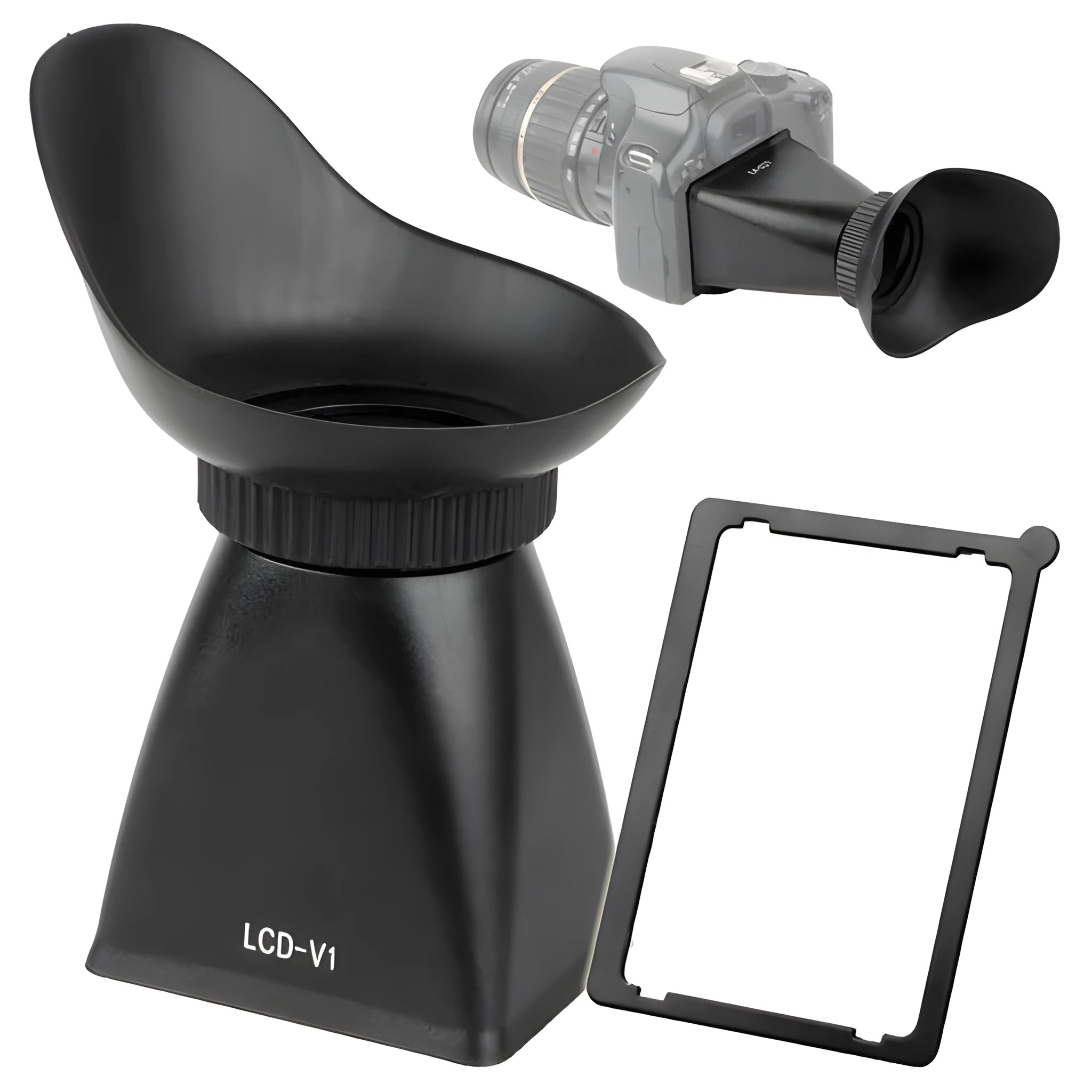 Black camera framing amplifier viewfinder magnifier attached to a DSLR LCD screen.