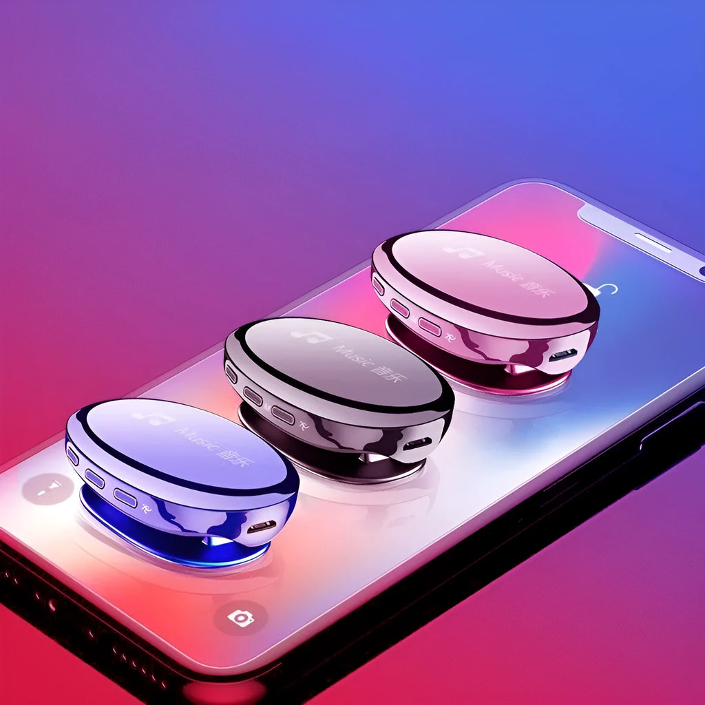 Blue Bluetooth MP4 music player with OLED display showing track info, placed next to headphones.