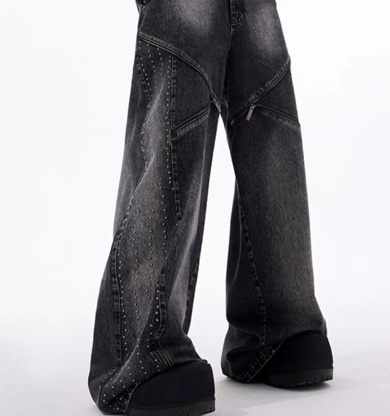 Korean style washed denim wide leg pants with matching waistcoat in black and grey