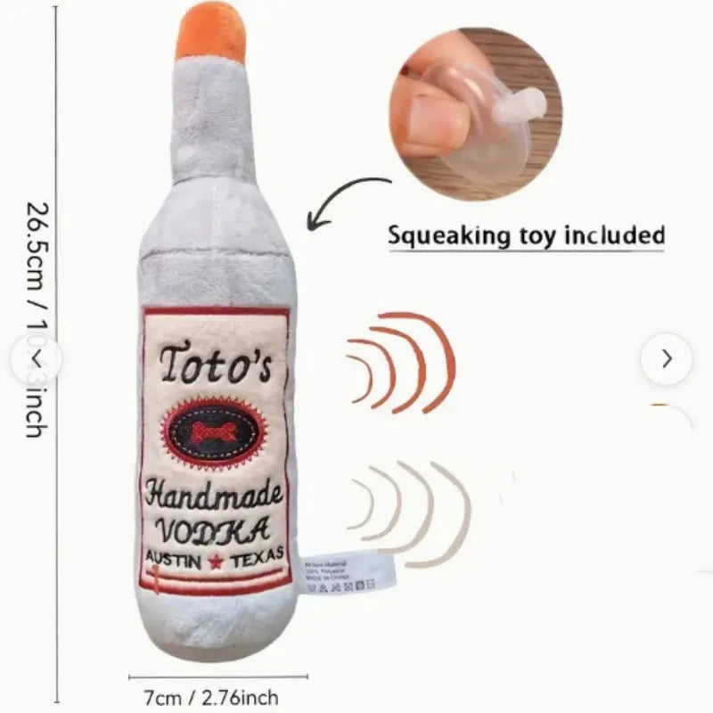 Brown plush wine bottle shaped dog toy with squeaky feature for interactive chew play