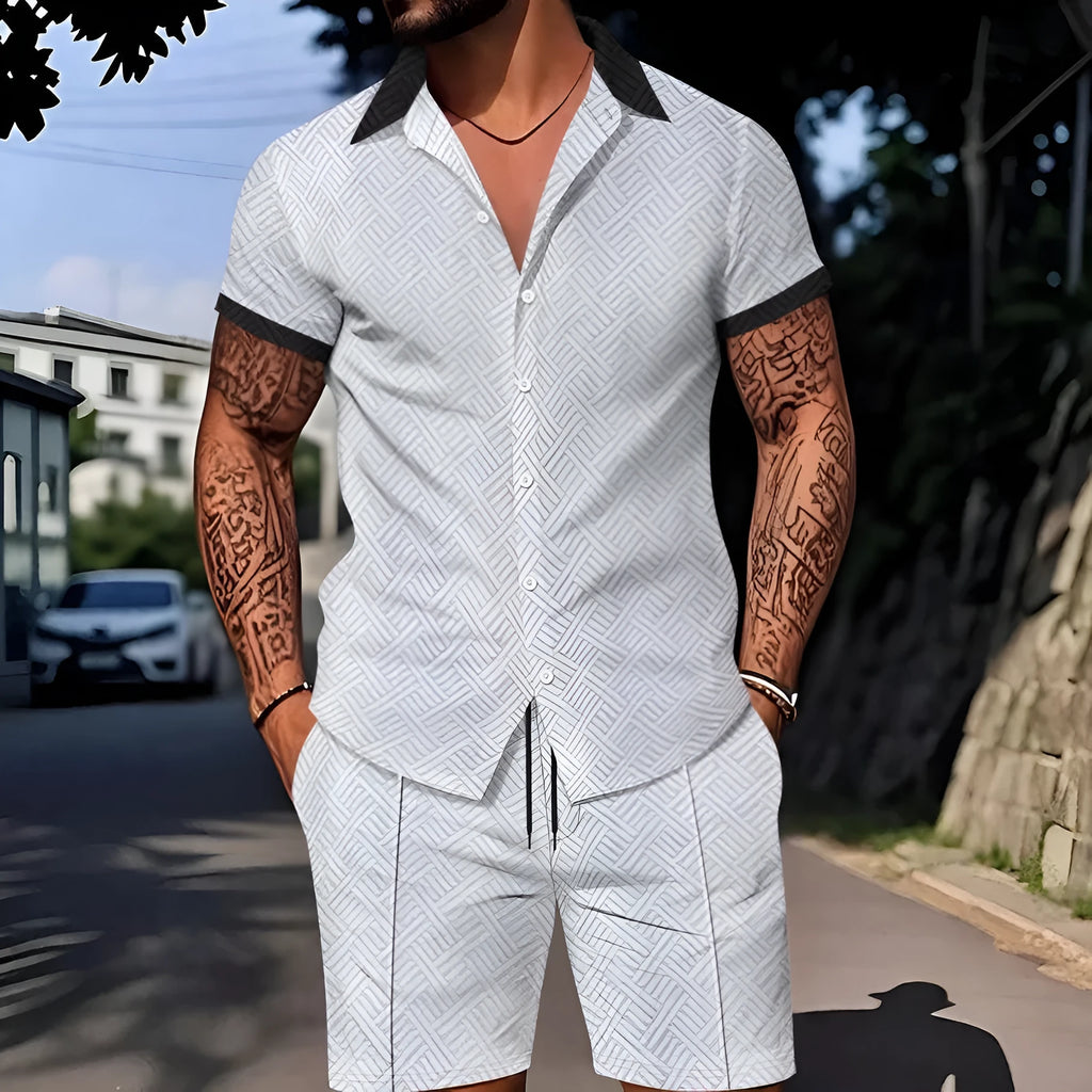 Men's casual short sleeve suit set with digital printing design in cotton blend fabric