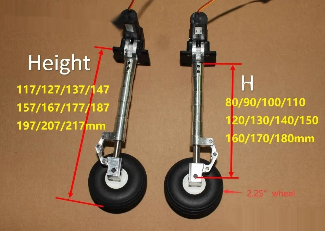 Alloy retractable shock-absorbing landing gear for toy aircraft with multiple height and wheel options