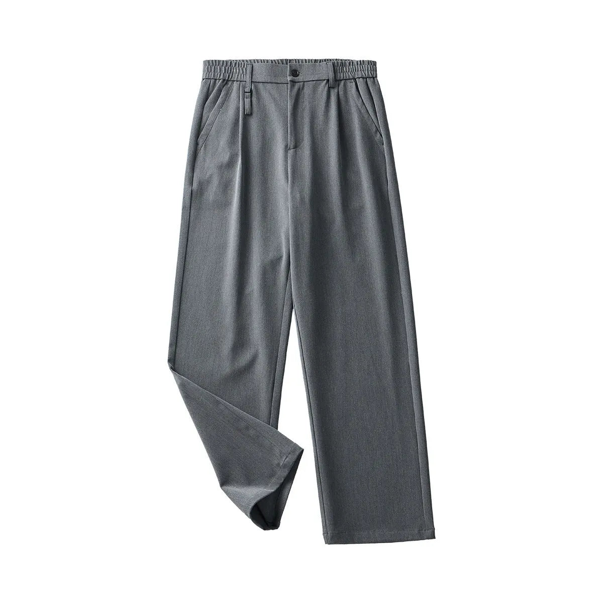 Man's black loose straight-leg business casual trousers made from a draping polyester blend fabric.