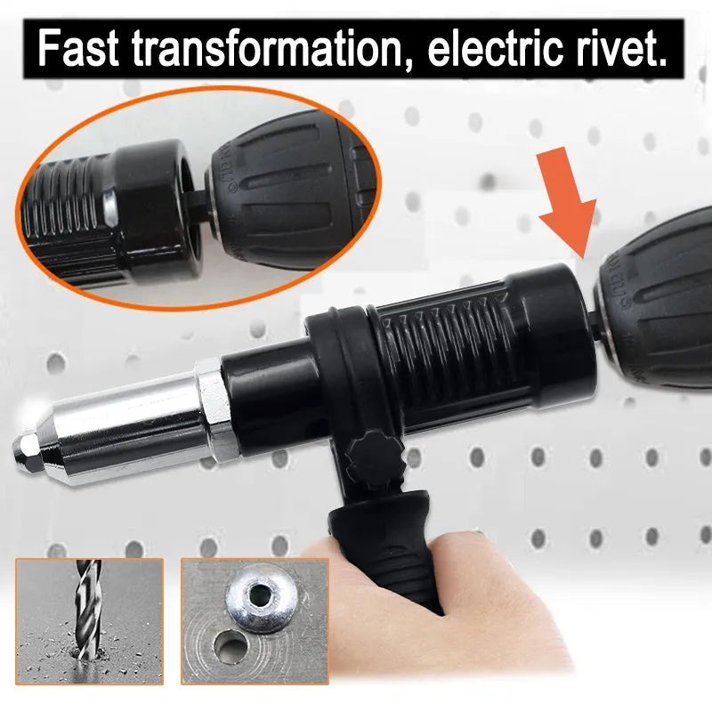Black metal electric drill rivet gun with wrench and rivet heads on a workbench.