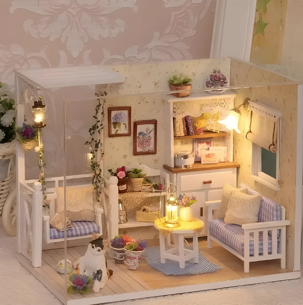 Miniature doll house DIY craft kit with style A on display showing assembled wooden and fabric details