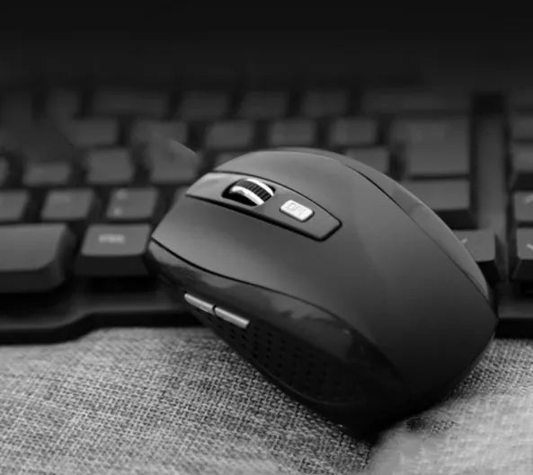 2.4G optical wireless mouse with six keys and four-way roller, shown in black