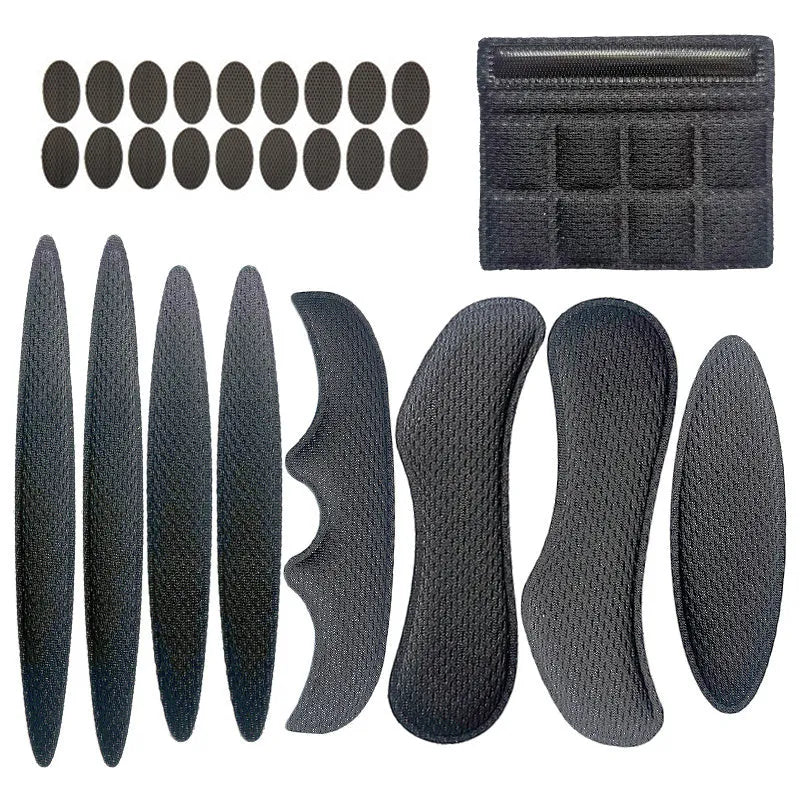Cycling helmet breathable sponge liner with velcro chin strap in blue, black, red, and grey colours.
