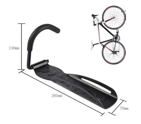 Black mountain bike wall mount bicycle storage rack on wall with front wheel on hook