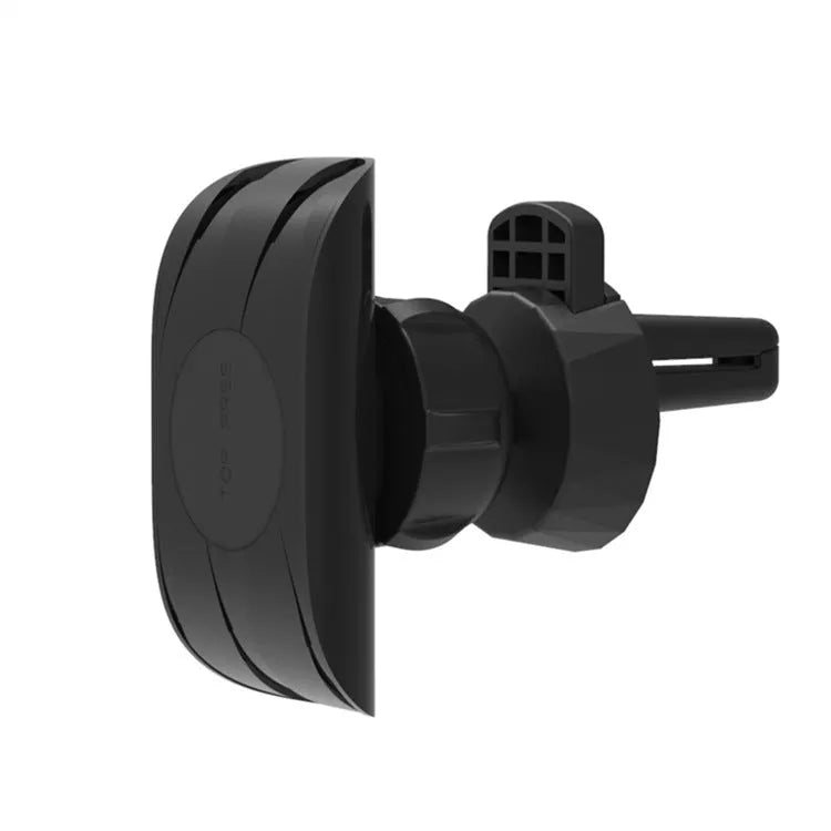 Black car phone holder attached to a car air vent, clamping a smartphone.