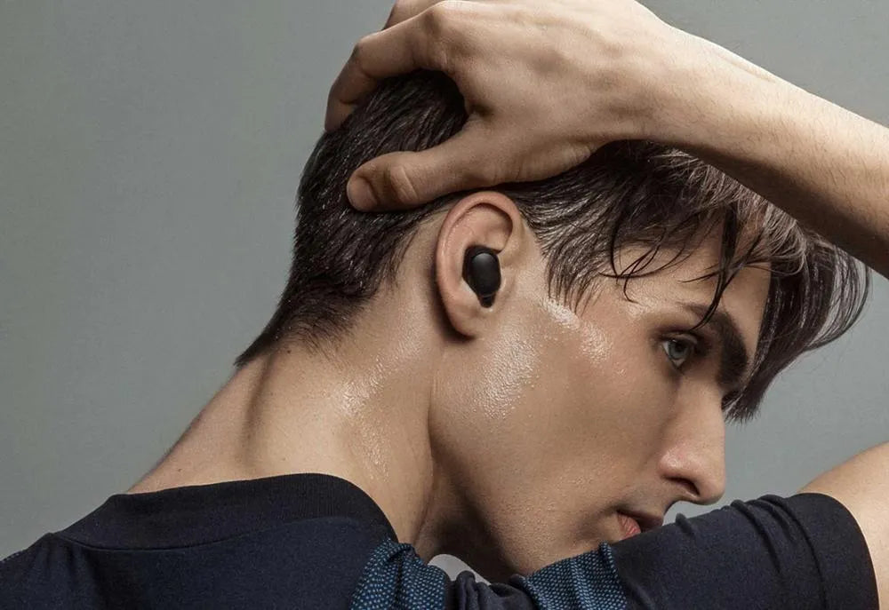 Black Redmi AirDots 2 True Wireless Bluetooth earbuds and charging case.