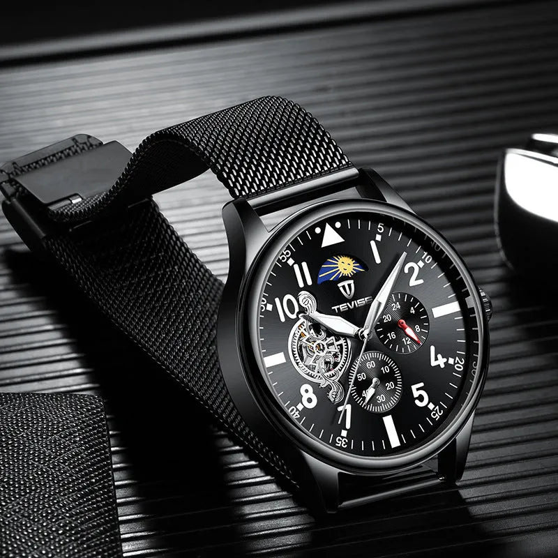 Black mechanical men's watch with 41mm alloy case, mineral glass, and luminous markers