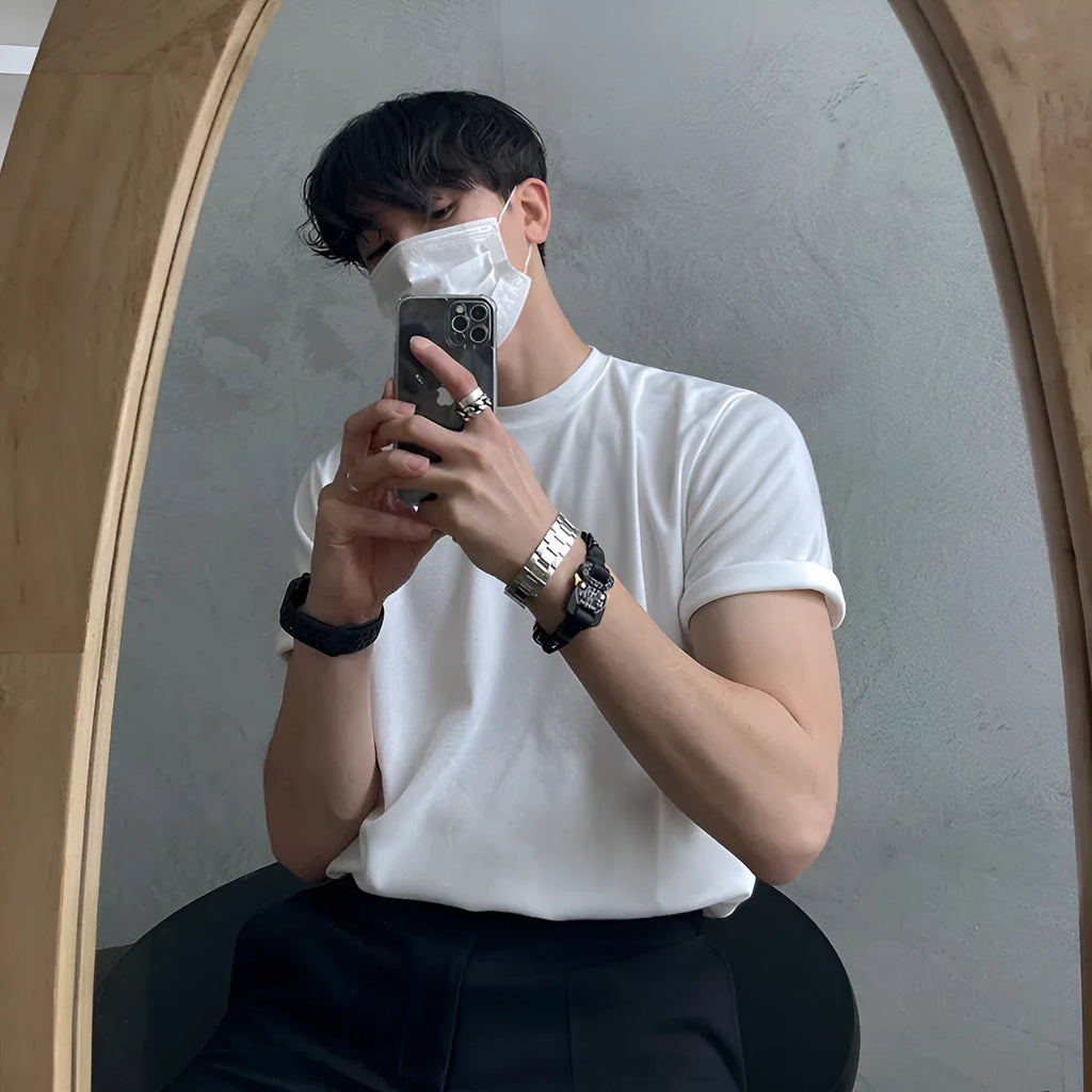 Men's cotton slim fit half sleeve T-shirt in white and black colours with round neck design
