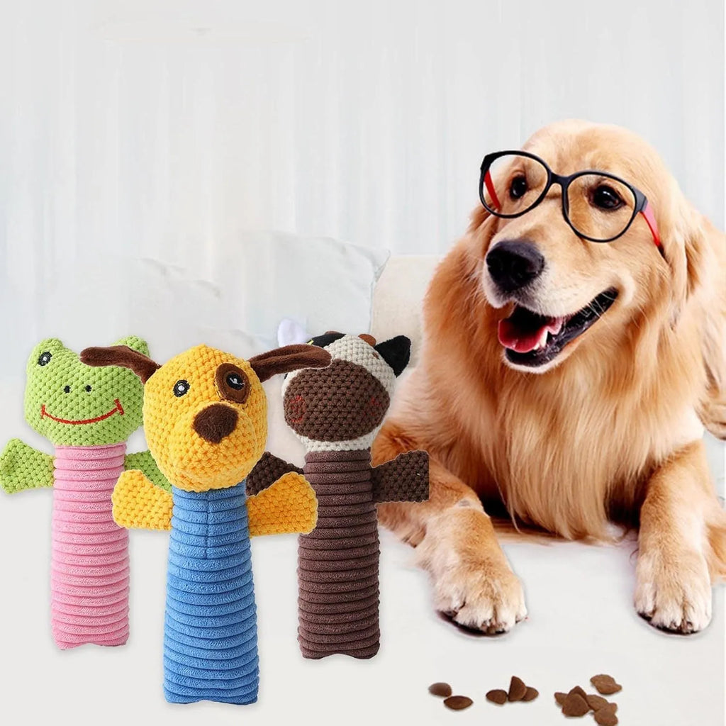 Soft cloth and polyester fibre squeaky stuffed dog chew toy, shown in calf, frog, or puppy shape, measuring 19cm long.