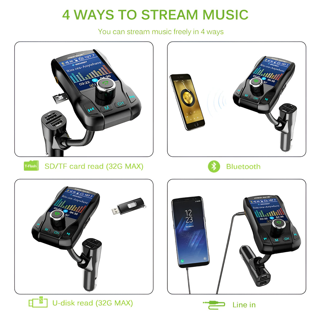 Black car Bluetooth FM transmitter with colour screen and dual USB ports plugged into a car power socket.