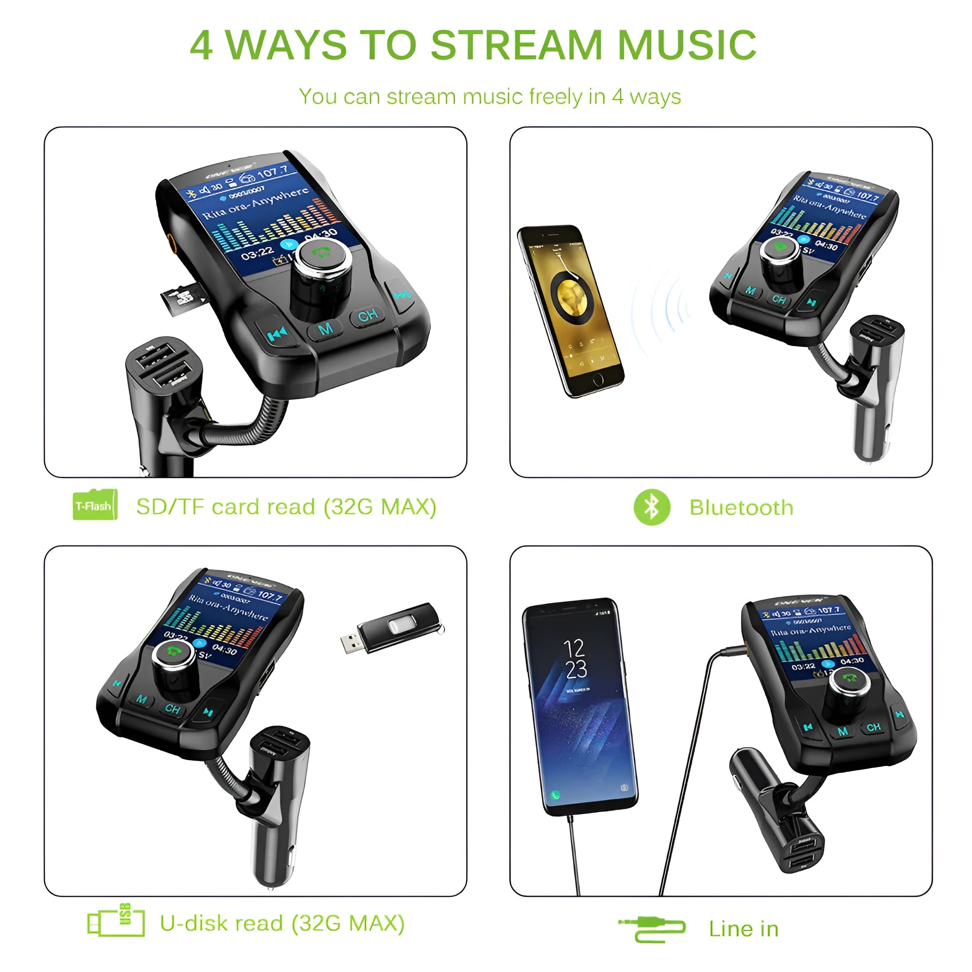 Black car Bluetooth FM transmitter with colour screen and dual USB ports plugged into a car power socket.
