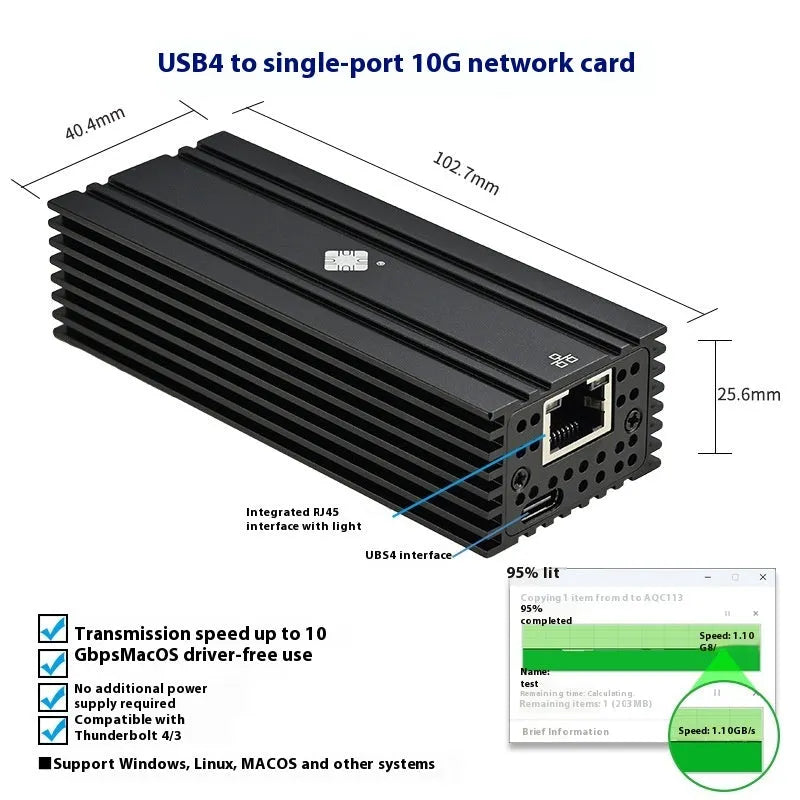 Black USB4 10G network adapter with RJ45 port and 20cm cable for Thunderbolt compatibility