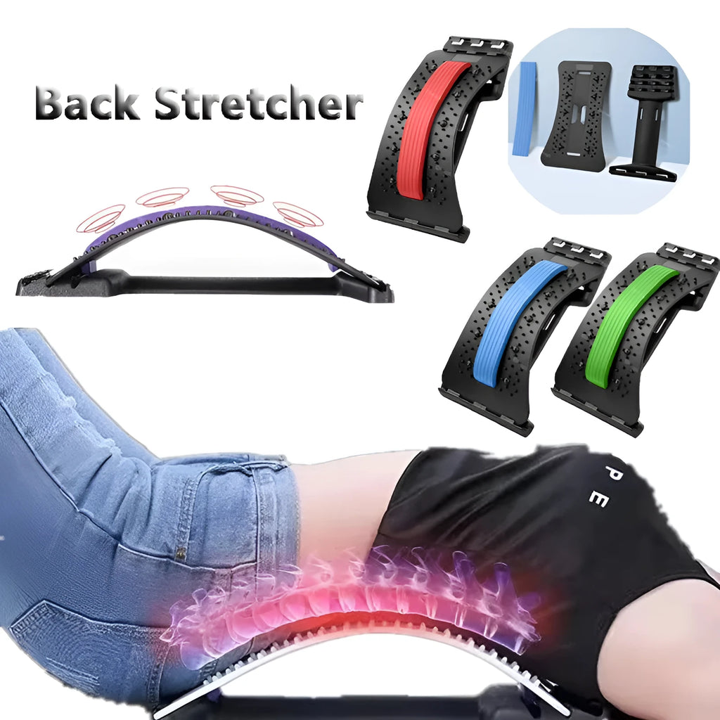 A blue and black adjustable back stretcher with 8 massage heads in a rectangular trapezoid shape for waist and back pain relief.