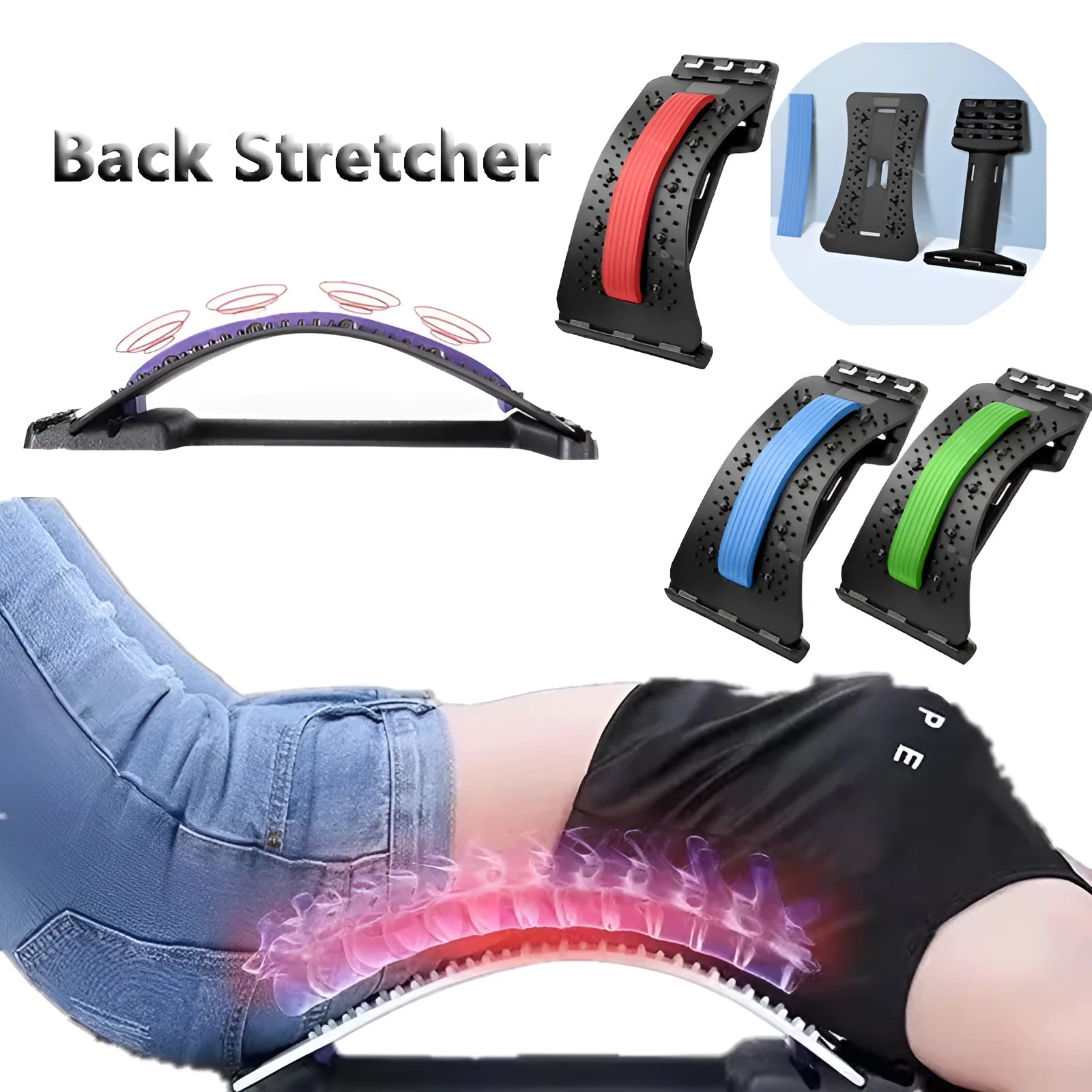 A blue and black adjustable back stretcher with 8 massage heads in a rectangular trapezoid shape for waist and back pain relief.