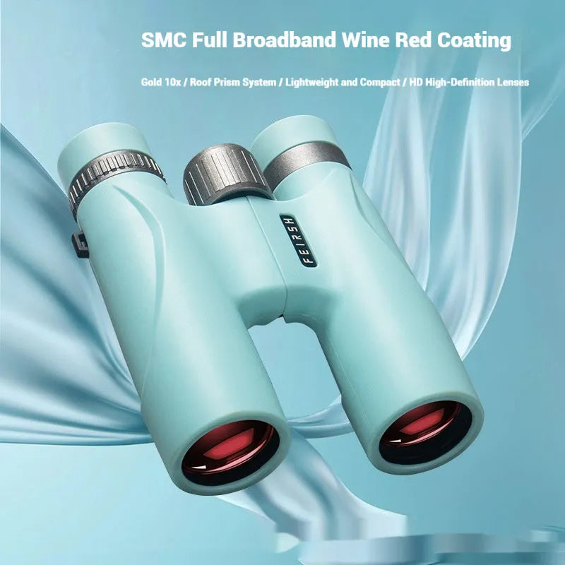 Compact blue binoculars with 10x32 magnification shown from multiple angles