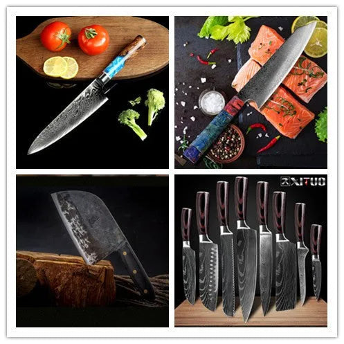 Professional kitchen knife set collection showing chef's knife, meat cutters, Japanese-style knives, and utility blades