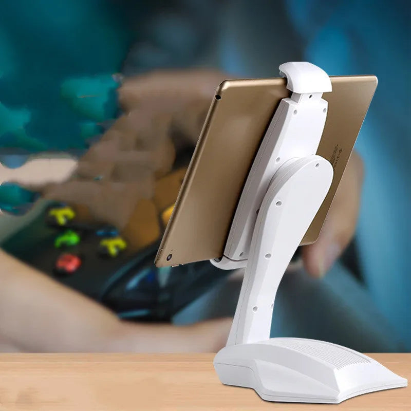 White aluminium tablet stand with adjustable clamp holding a tablet