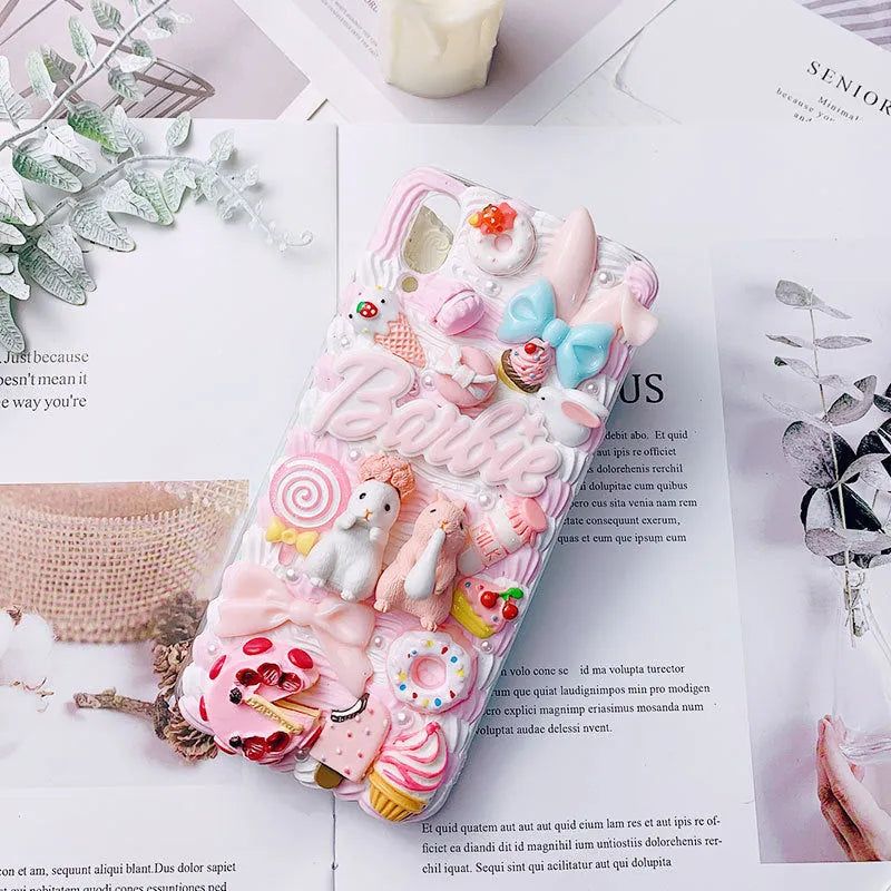 Pink and green cartoon rabbit design silicone iPhone case showing 3D texture