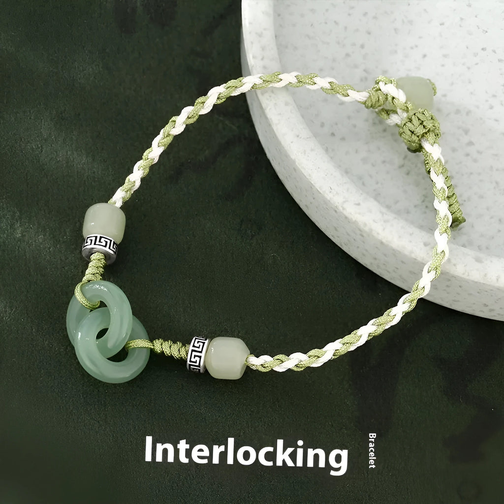 Green copper ethnic bracelet with a peace buckle and jade double rings, animal Zodiac modelling.