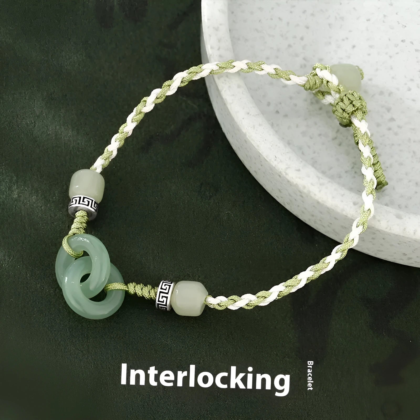 Green copper ethnic bracelet with a peace buckle and jade double rings, animal Zodiac modelling.