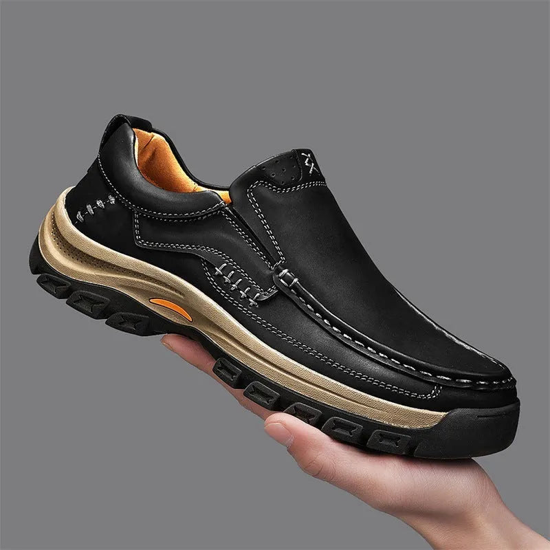 Men's black outdoor leather shoes with thick rubber sole and round toe design