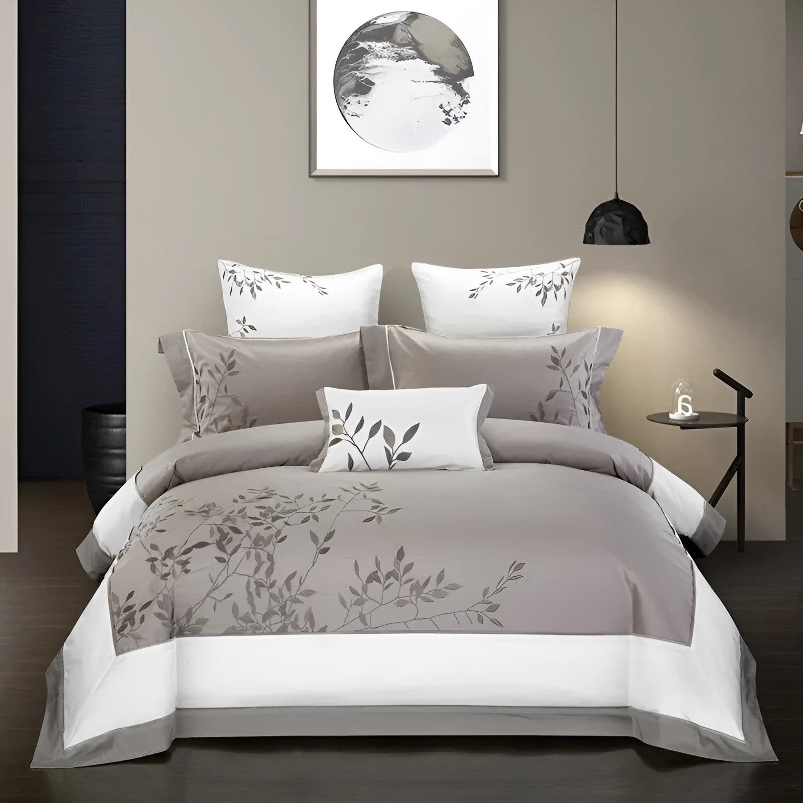 Four-piece cotton embroidery bed set showing decorative pattern on 100% cotton satin weave fabric
