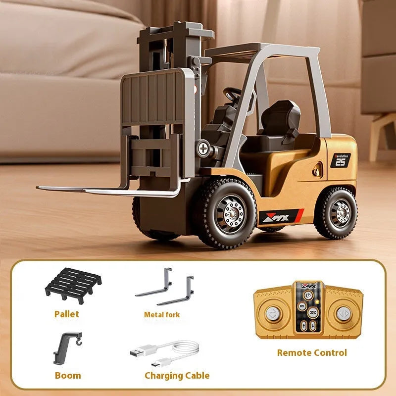 Blue alloy remote control forklift toy on wooden pallet with cargo accessories