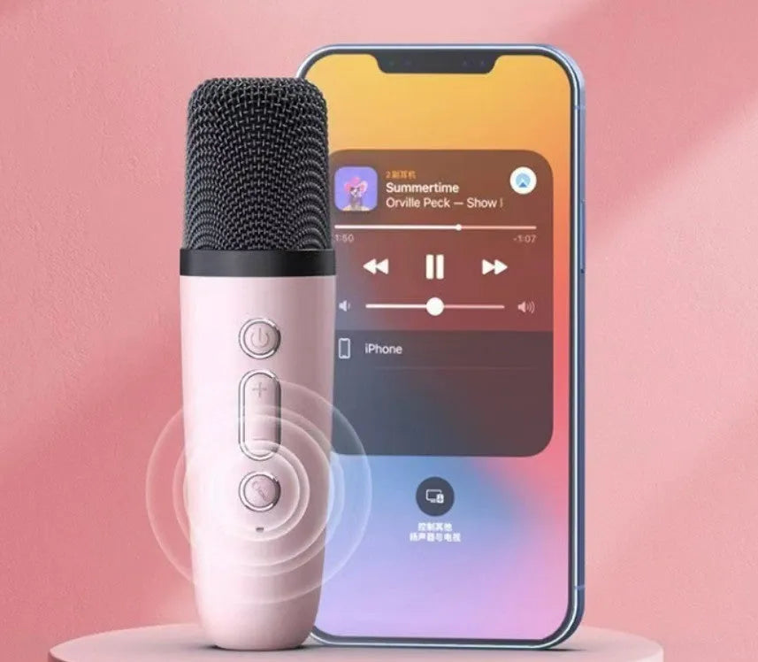 Portable Bluetooth karaoke microphone speaker with colourful LED lights in pink, sky blue, or white.