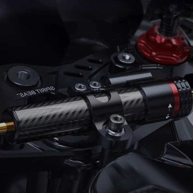 Titanium directional damper bracket for CFMOTO 450SR/SRS motorcycle with carbon fibre aluminium body and adjustment gear.