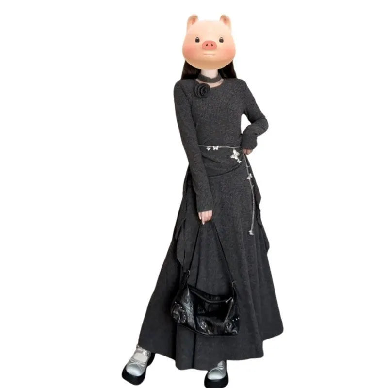 Lady's gray polyester knit long dress set with neck-hanging top and half-length skirt, preppy patchwork style