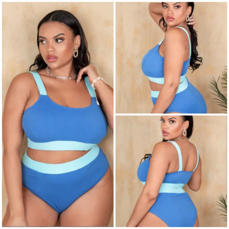 Women's high-waist bikini set in polyester fabric with split styling and pure colour stitching