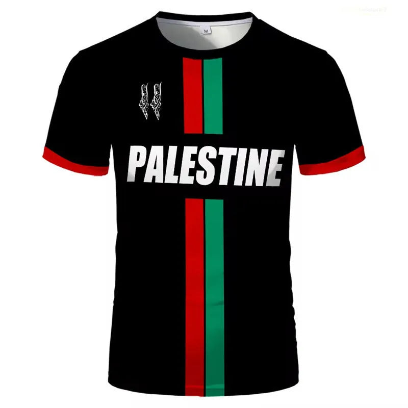 Black 3D printed football pattern t-shirt made from spandex fabric on a hanger.