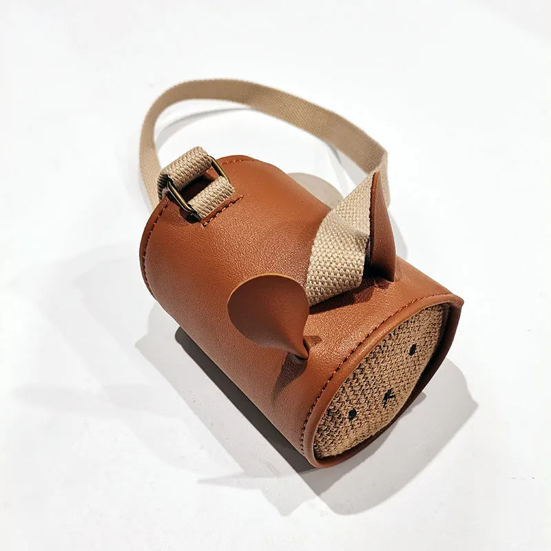 3D rabbit bucket crossbody children's waist bag in upgraded litchi pattern PU leather, 12.5cm long, 9cm diameter