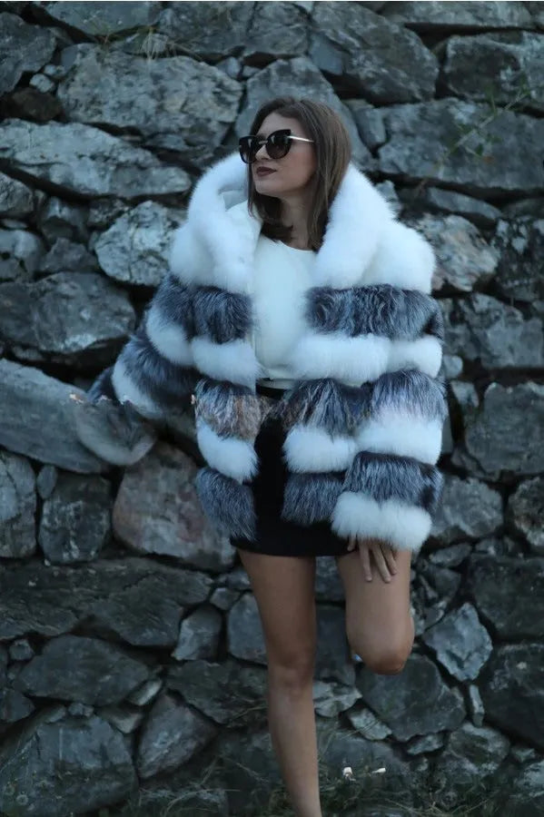 Women's mid-length artificial fur coat with a detachable hood in silver fox white or brown.