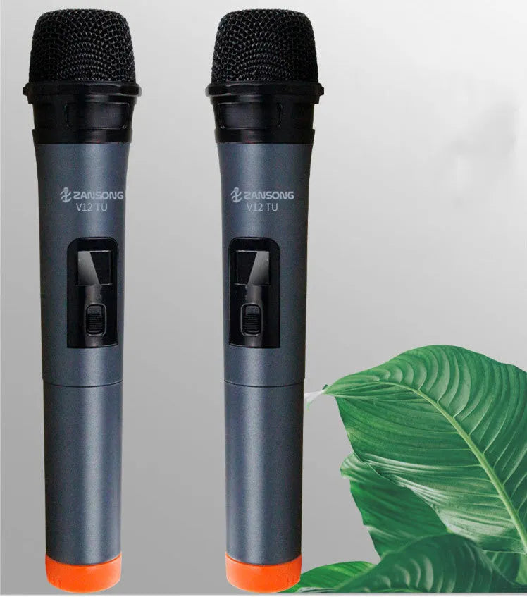 Black ZANSONG V12 dynamic wired microphone with cable, USB receiver, and audio adapter.