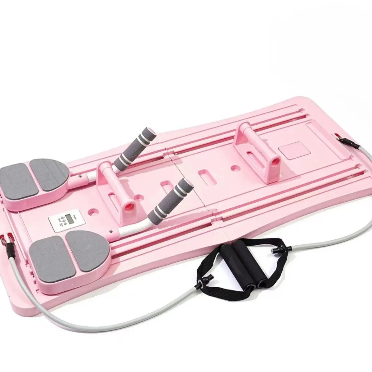 Foldable purple PP plastic fitness belly panel on a floor, shown in open and folded positions.